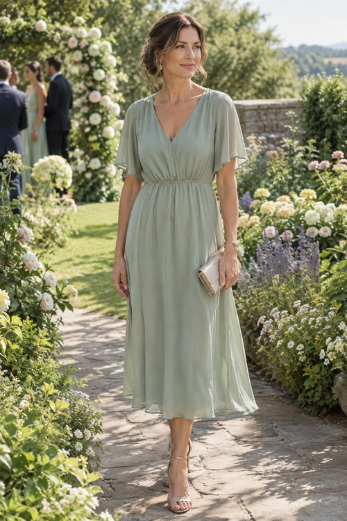 Sage Green Garden Party Dress A woman wears a flowing sage green V-neck dress with flutter sleeves, strappy heeled sandals, and a small clutch in a garden.