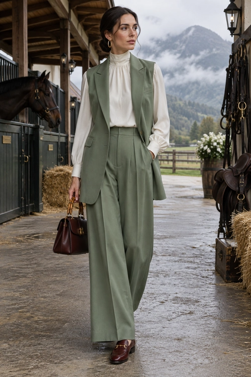 Sage Green Tailored Equestrian Outfit A woman wears a sage green tailored vest and wide-leg trousers with an ivory high-neck blouse, burgundy shoes, and a matching structured handbag.