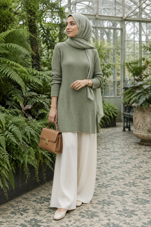Sage Green Tunic and Wide-Leg Trousers A woman wears a sage green ribbed tunic with a matching hijab, cream wide-leg trousers, cream flats, and a tan structured handbag.