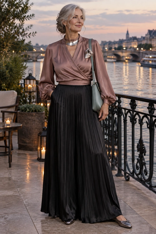 Satin Blouse and Pleated Maxi Skirt Elegant outfit featuring a mauve satin wrap blouse, black pleated maxi skirt, metallic flats, a silver choker, and a sage shoulder bag.