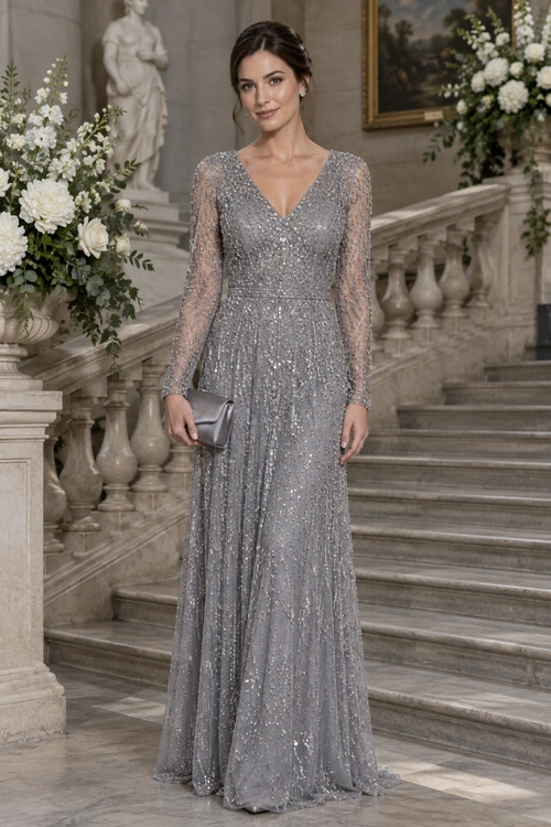 Silver Embellished Evening Gown A floor-length silver-gray gown with sheer embellished sleeves and a V-neckline, paired with a small silver clutch.