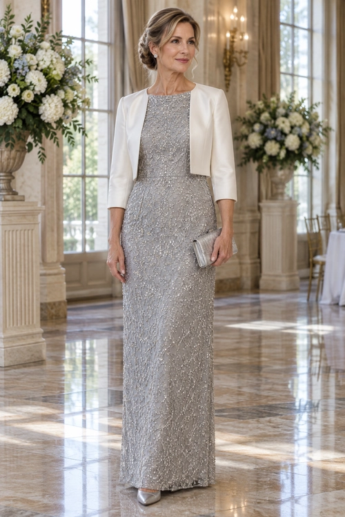 A floor-length silver embellished gown is paired with a cropped ivory jacket, silver clutch, and matching pointed-toe shoes.