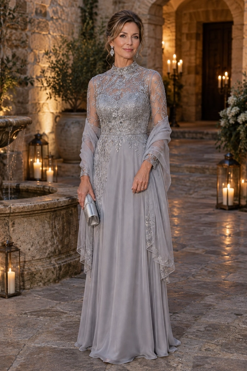 A floor-length silver-gray gown with a high lace neckline, sheer sleeves, and a draped wrap, styled with drop earrings and a small metallic clutch.