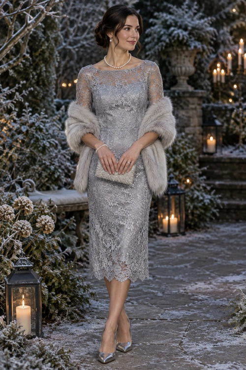 A silver-gray lace midi dress with sheer sleeves is styled with a light fur stole, pearl necklace, beaded clutch, and metallic heels.