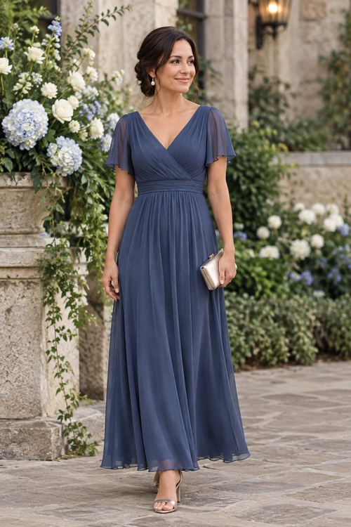 A woman wears a slate blue V-neck chiffon gown with flutter sleeves, paired with drop earrings, a metallic clutch, and open-toe sandals.
