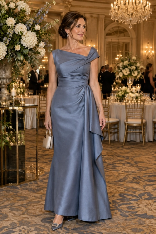 Slate Blue Evening Gown A woman wears a floor-length slate blue gown with a draped neckline and carries a small metallic clutch.