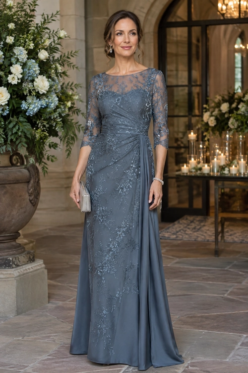 A woman wears a floor-length slate blue gown with sheer lace sleeves and a draped waist sash, holding a small light-colored clutch.
