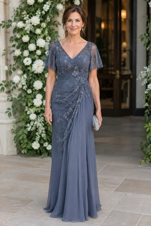 A woman wears a floor-length slate blue gown with a V-neck, flutter sleeves, and a lace overlay, accessorized with a small silver clutch.
