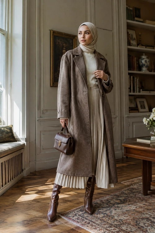 Elegant Taupe Coat and Pleated Skirt Outfit A woman wears a long taupe coat over a cream ribbed top and pleated skirt with brown knee-high boots, a matching headscarf, and a structured handbag.