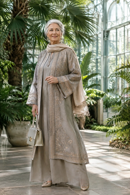 Elegant Taupe Embroidered Ensemble A woman wears a taupe embroidered long tunic with wide-leg trousers, a matching scarf, neutral flats, and a structured handbag in a sunlit conservatory.