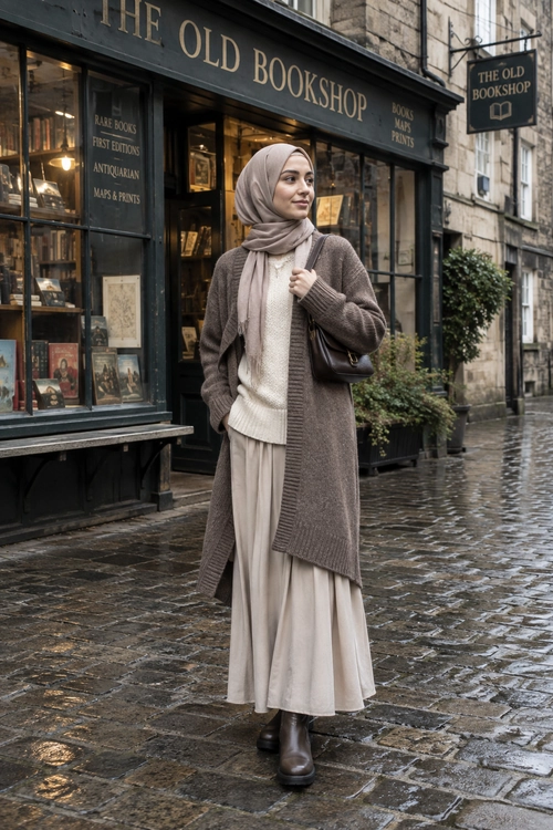 A woman wears a taupe hijab, long knit cardigan, cream sweater, flowing midi skirt, ankle boots, and shoulder bag outside a bookshop.