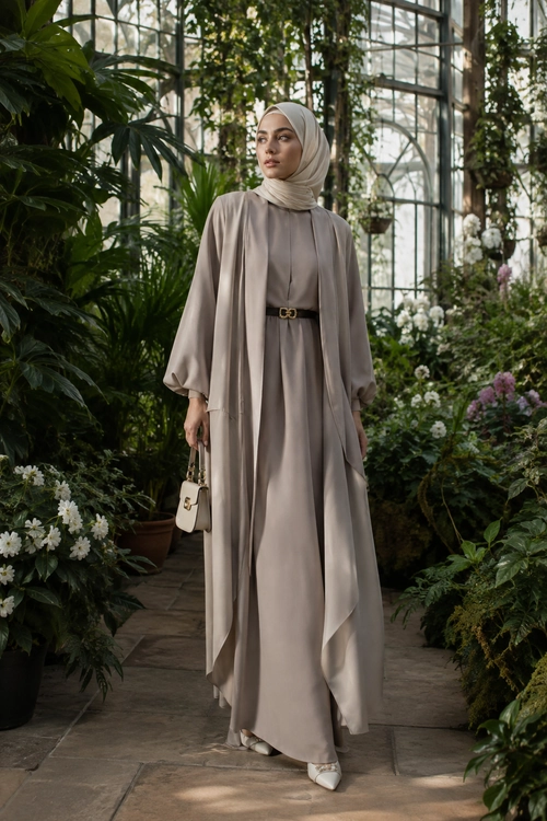 Elegant Taupe Modest Look A woman wearing a taupe hijab and flowing layered dress with a black belt, white pointed heels, and a small white handbag.