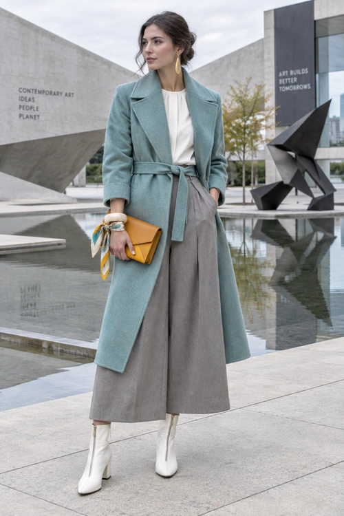 Teal Belted Coat with Wide-Leg Trousers A woman wears a teal belted coat over a cream blouse with wide-leg gray trousers, white boots, and a mustard clutch.