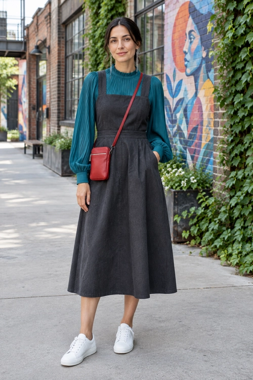 A woman wears a teal pleated blouse under a charcoal pinafore midi dress with white sneakers and a red crossbody bag.