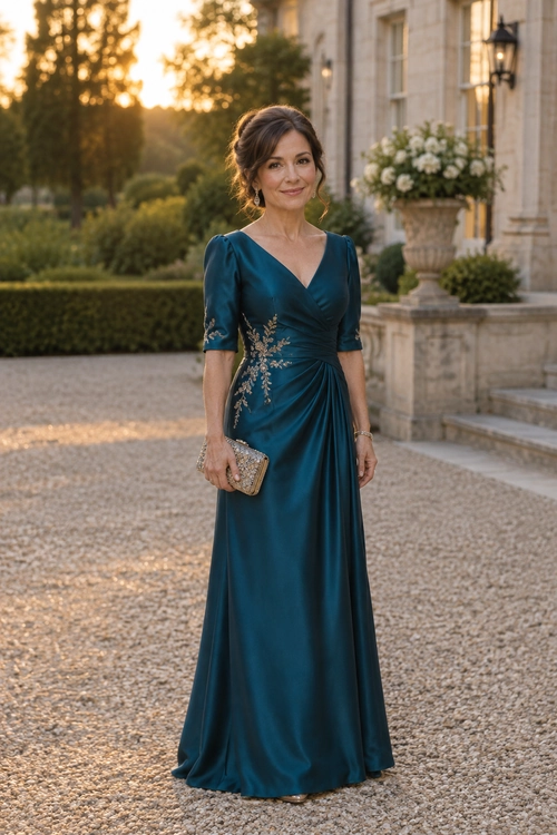 A woman wears a floor-length teal satin gown with gold floral embroidery, three-quarter sleeves, and a matching metallic clutch.