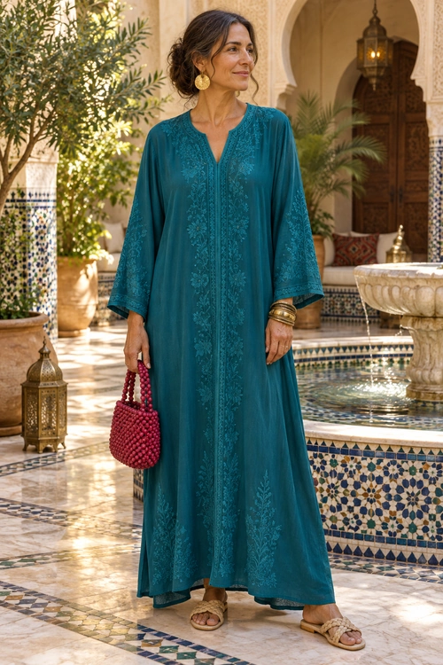 Teal Embroidered Kaftan Outfit Woman wearing a flowing teal embroidered kaftan with gold jewelry, a red beaded handbag, and flat sandals.