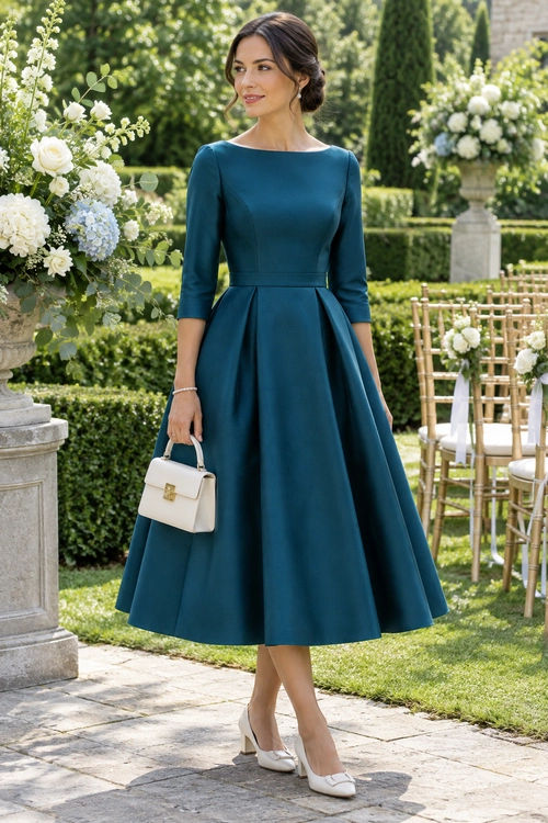 A teal three-quarter-sleeve fit-and-flare dress styled with white heels, a white handbag, and a delicate bracelet.