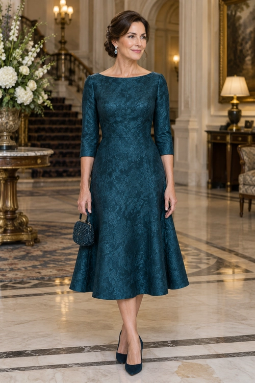 A woman wears a dark teal floral-textured midi dress with matching pumps, drop earrings, and a small beaded clutch.