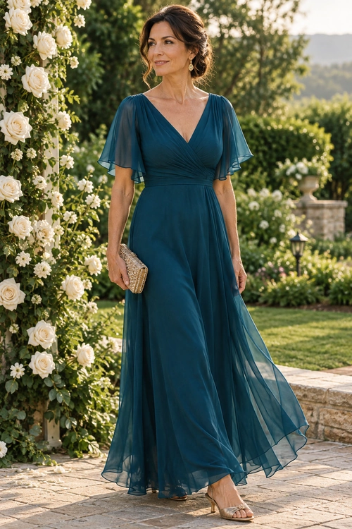 A woman wears a floor-length teal V-neck gown with sheer flutter sleeves, gold earrings, a gold clutch, and strappy nude heels.