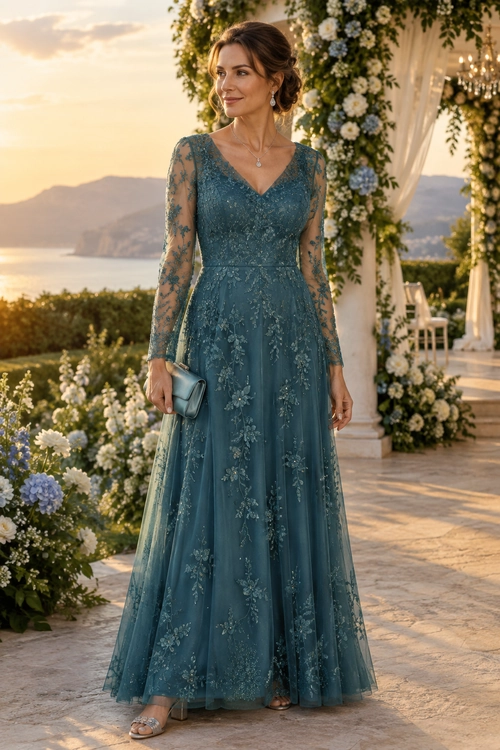 A woman wears a floor-length teal lace gown with sheer long sleeves, a matching clutch, delicate jewelry, and open-toe heels.