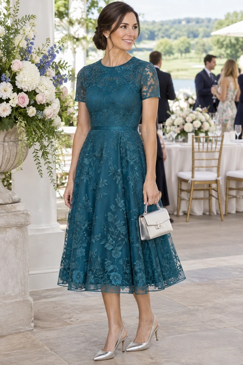 A teal short-sleeve lace midi dress styled with silver heels and a small silver handbag.