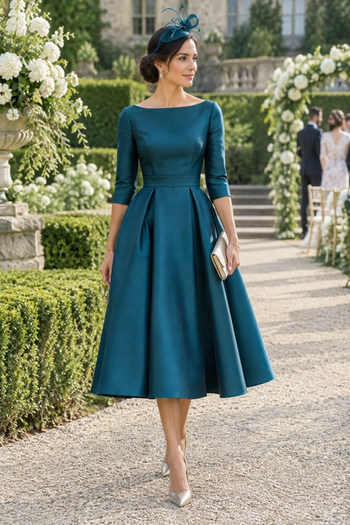 A woman wears a teal fit-and-flare midi dress with a matching fascinator, metallic clutch, and pointed heels.