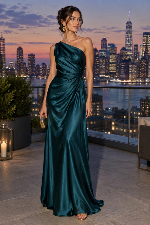 A floor-length teal satin gown with a one-shoulder neckline and draped ruching, styled with gold hoop earrings, a small gold clutch, and metallic open-toe sandals.