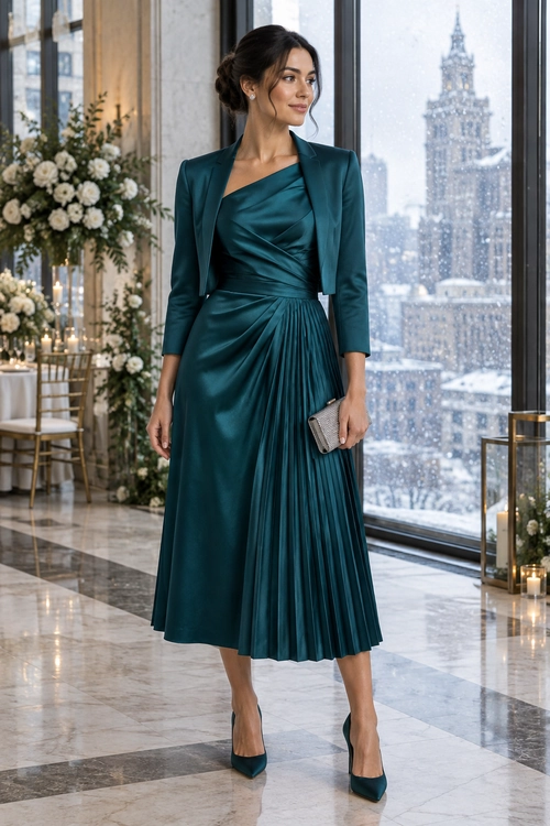 A teal satin midi dress with an asymmetrical neckline and pleated skirt styled with a cropped blazer, pointed heels, and a silver clutch.