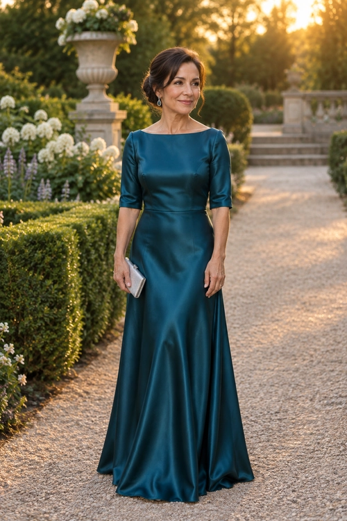 A floor-length teal satin gown with a boat neckline and elbow-length sleeves, styled with drop earrings and a silver clutch.