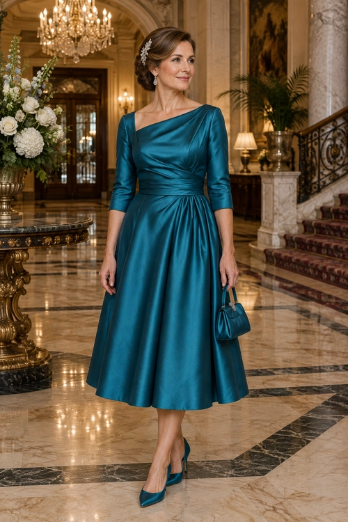 A teal satin midi dress with an asymmetrical neckline and three-quarter sleeves is styled with matching heels and a small handbag.