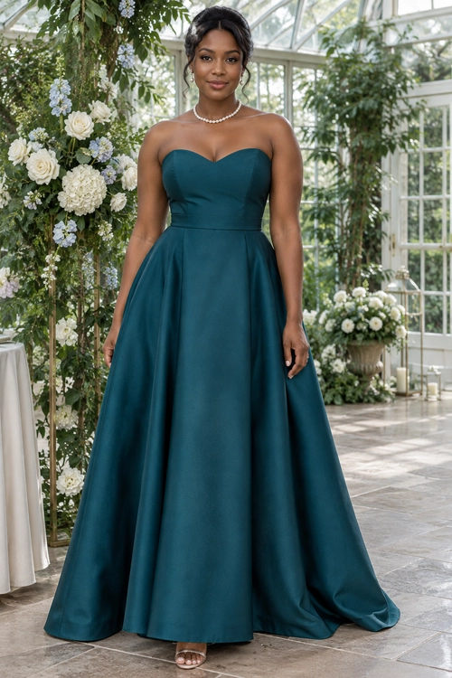 Teal Strapless Ball Gown A floor-length teal strapless gown with a sweetheart neckline and full skirt, styled with a pearl necklace and open-toe sandals.
