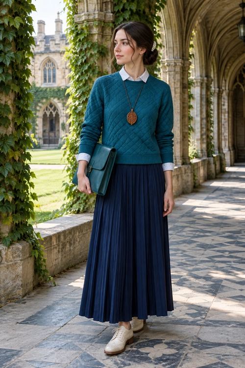 Woman wearing a teal quilted sweater over a white collared shirt with a navy pleated skirt, cream lace-up shoes, and a dark teal clutch.