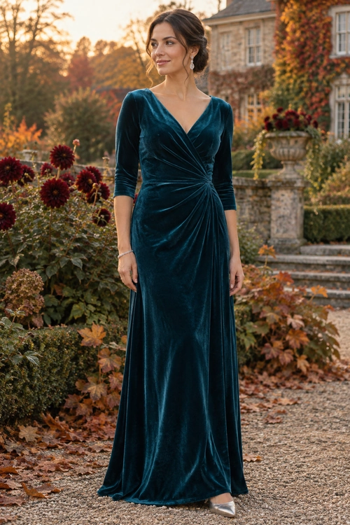 Teal Velvet Evening Dress A floor-length teal velvet wrap dress with three-quarter sleeves is paired with silver heels, drop earrings, and a bracelet.