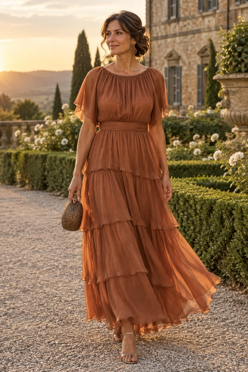 A flowing terracotta maxi dress with flutter sleeves and a tiered skirt, styled with strappy sandals and a small woven clutch.