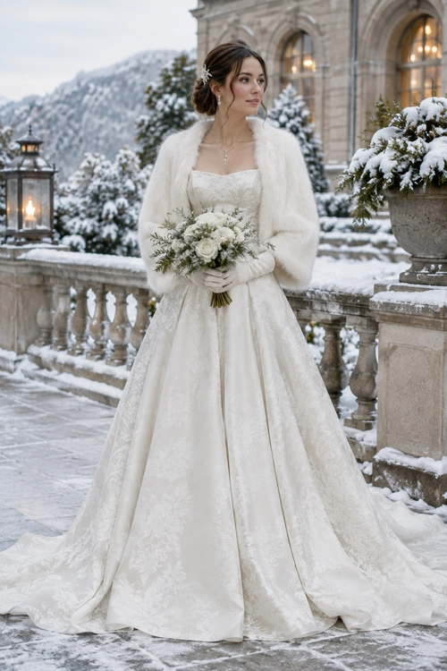 A bride wears an ivory lace wedding gown with a white fur wrap and gloves while holding a bouquet in a snowy setting.