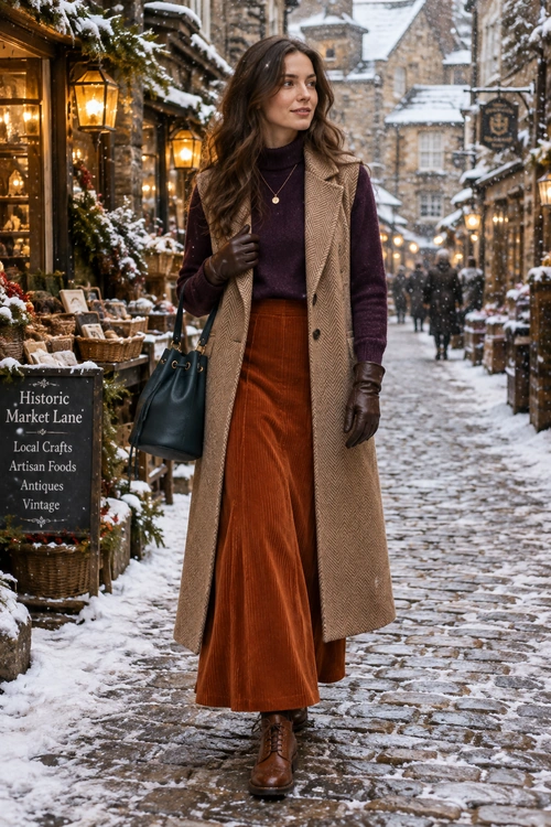 Winter Market Layered Outfit Woman wearing a burgundy turtleneck, beige herringbone long vest, rust corduroy skirt, brown gloves, ankle boots, and a dark teal handbag in a snowy street.