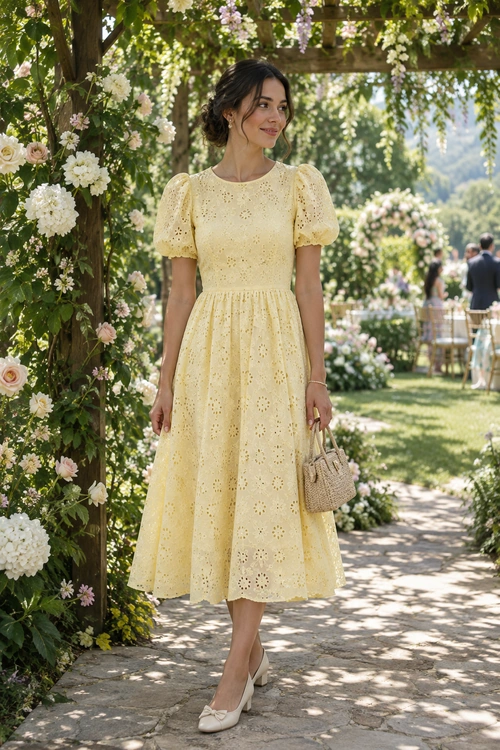 Yellow Eyelet Midi Dress A woman wears a pale yellow eyelet midi dress with puff sleeves, cream low heels, and a small woven handbag.